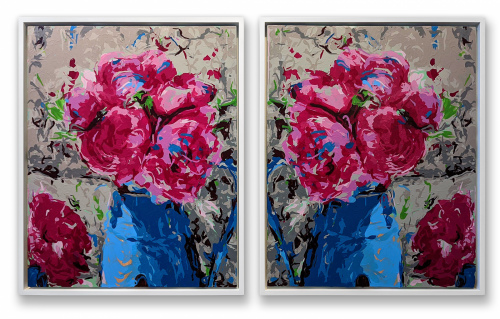 Rob and Nick Carter - RN1467, Pink Peonies in a Blue Jug, Saint-Paul de Vence Robot Painting Diptych - Painting time: 23:13:03 - Stroke count: 6,412, 21- 24 August 2022 · © Copyright 2023